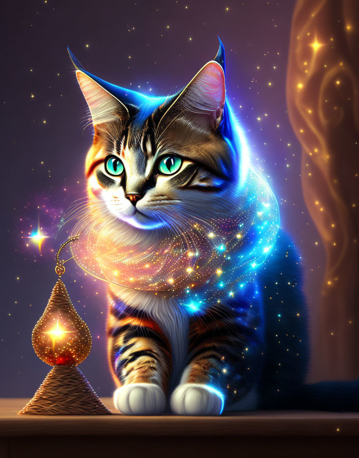 Cosmic cat with glowing necklace in mystical lantern scene