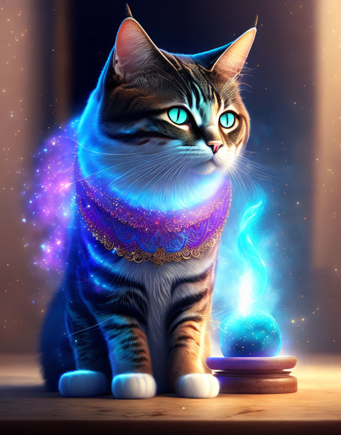 Majestic cat with turquoise eyes in purple cloak beside glowing orb