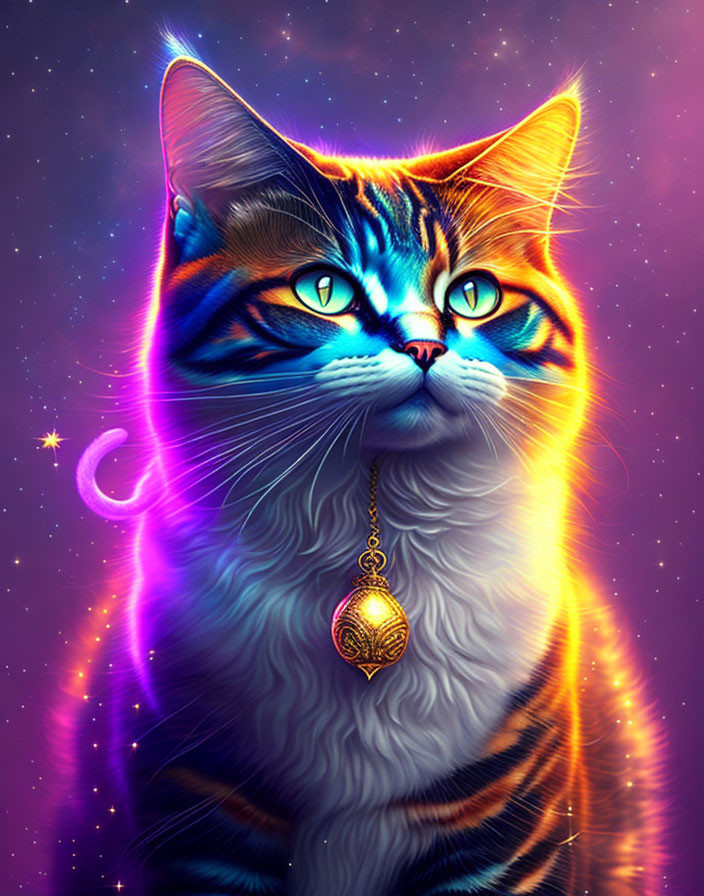 Colorful Cat Illustration with Blue Eyes and Cosmic Background