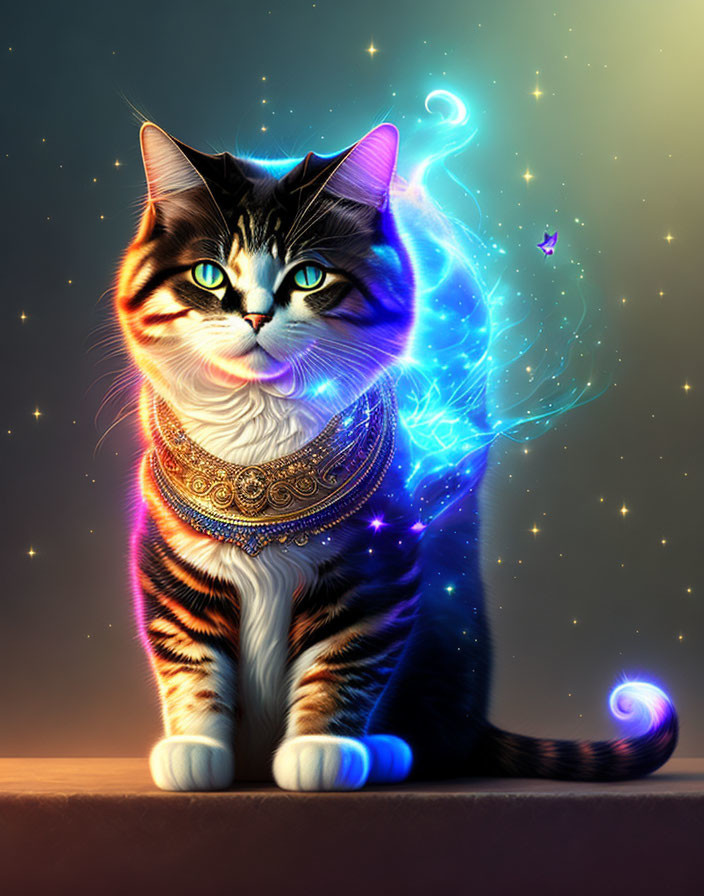 Majestic cat with galaxy-like markings and intricate collar on starry background