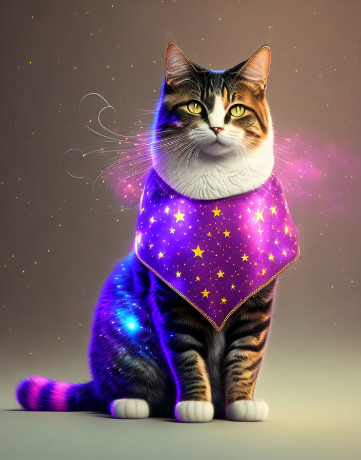 Tabby cat in galaxy cloak with stars on brown background