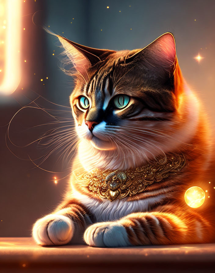 Majestic tabby cat with green eyes in ornate golden collar and glowing light