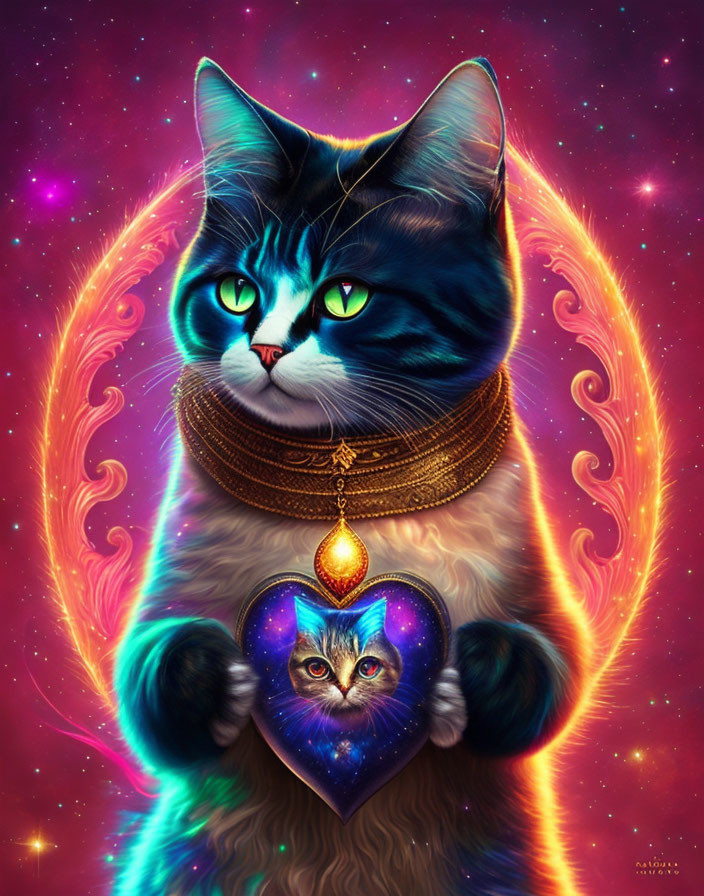 Colorful Cosmic Cat Artwork with Heart Charm and Nebula Background