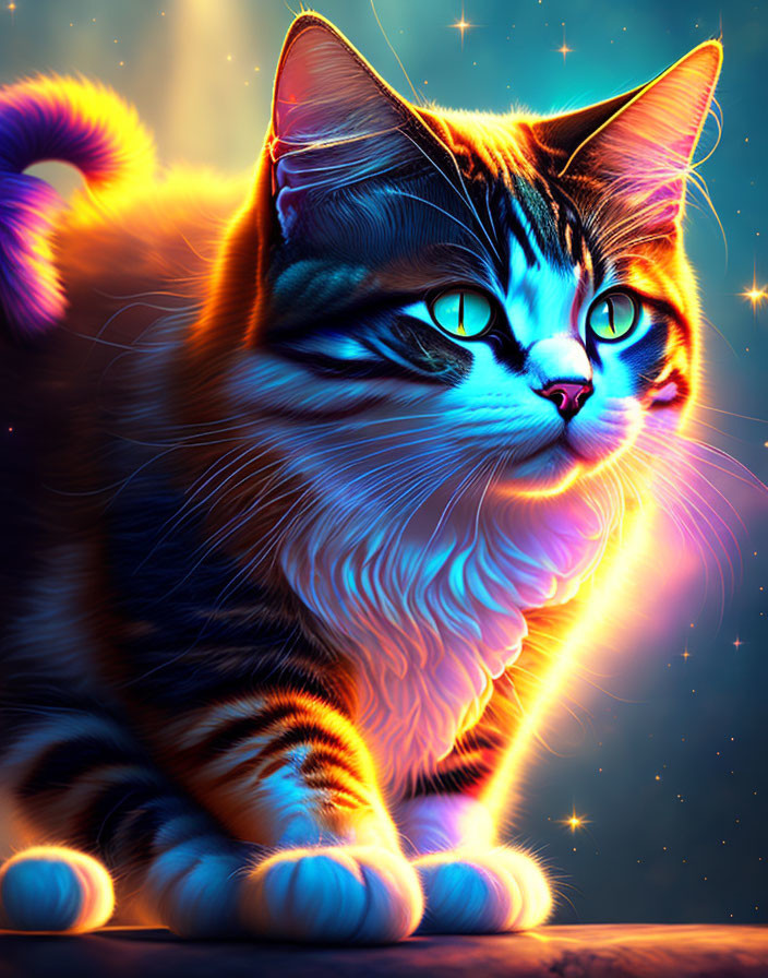 Colorful digital artwork: Cat with amber eyes and neon light effect