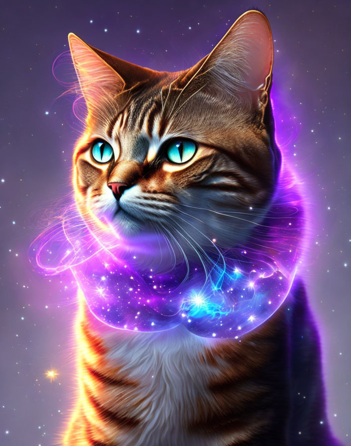 Tabby Cat with Bright Blue Eyes in Cosmic Nebula