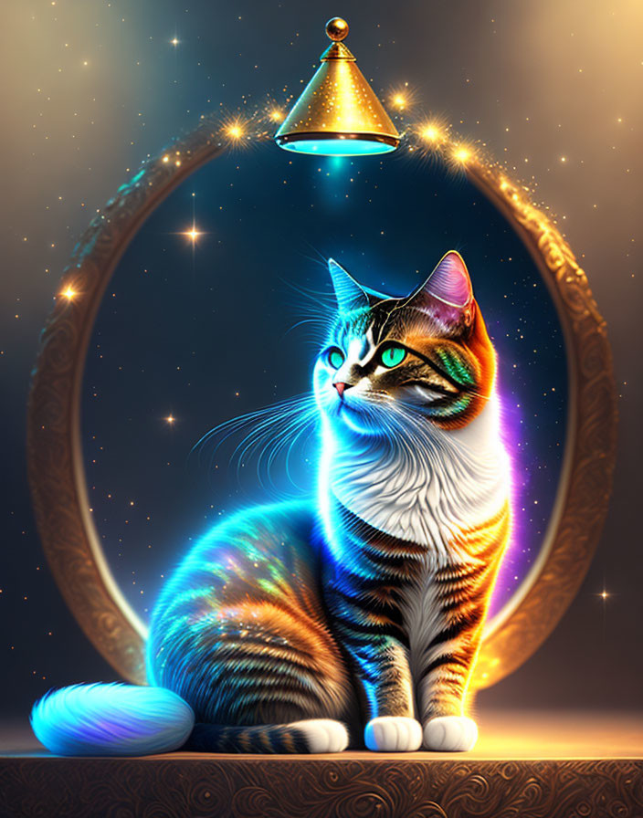 Colorful Cat Illustration with Cosmic Glow and Golden Bell in Ornate Frame