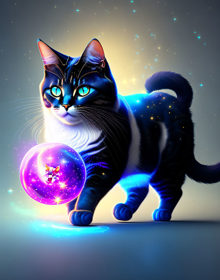 Black Cat with Glowing Blue Eyes on Cosmic Background with Mystical Orb