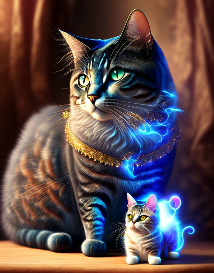 Striped cat and kitten digital art with glowing blue eyes and sparkling accessories