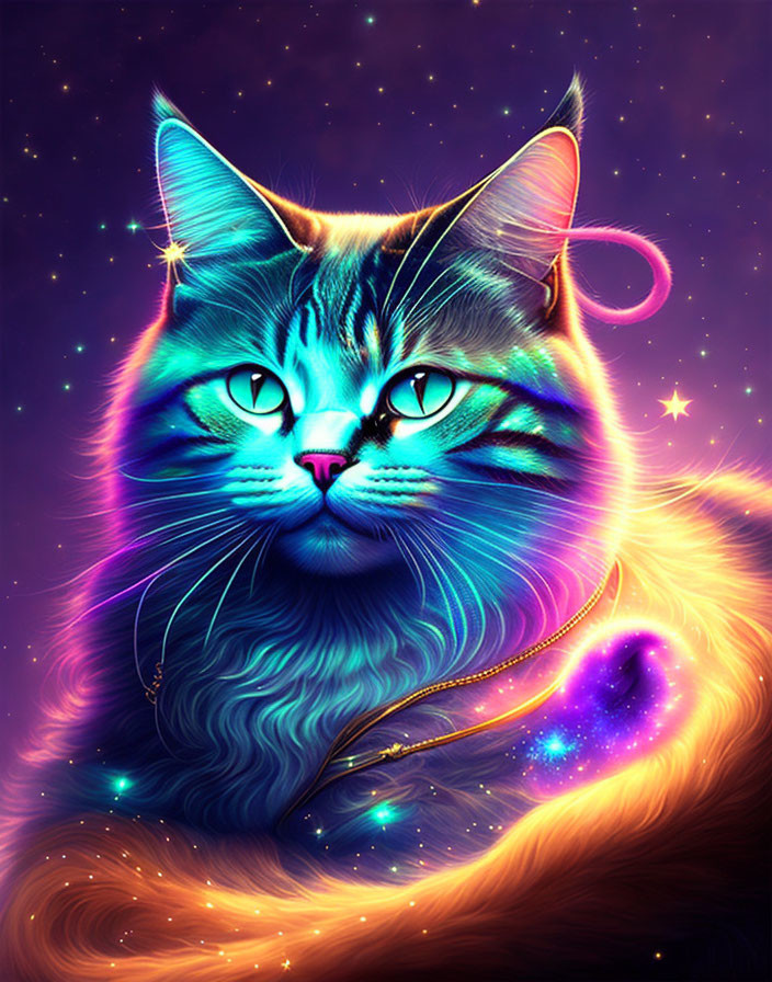 Colorful digital artwork of a cosmic-themed cat in blues, purples, and fiery oranges.