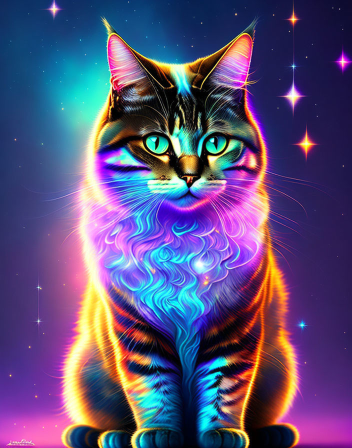 Colorful surreal cat illustration with neon fur and cosmic backdrop