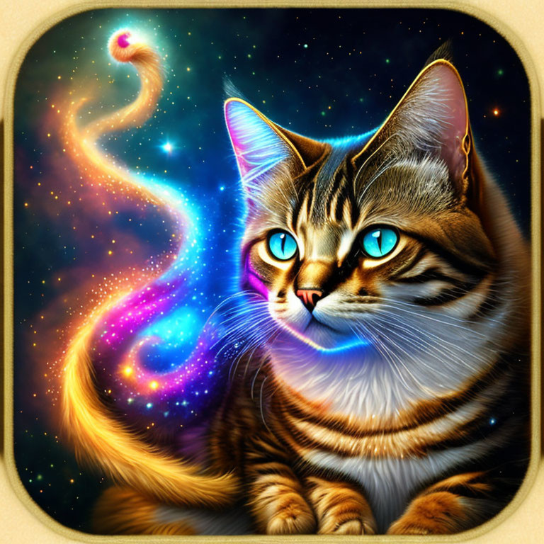 Tabby cat digital art with turquoise eyes in cosmic setting