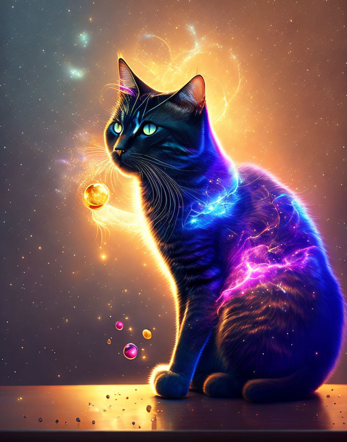 Luminescent blue-tinted cat with glowing eyes in sparkly, starry scene