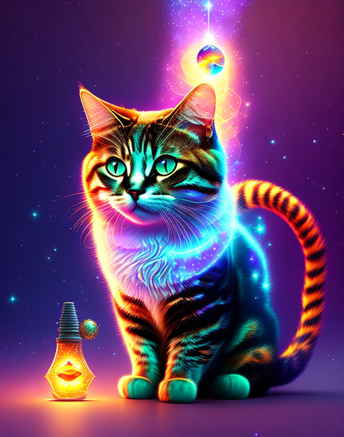 Colorful digital artwork: Tabby cat with glowing stripes in neon lights and cosmic setting with lantern and