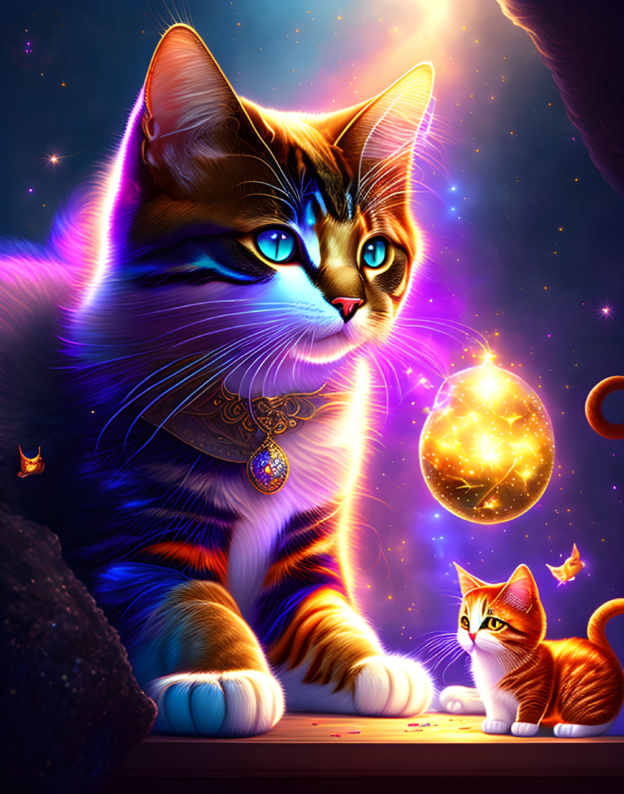 Illustration: Majestic cats with jeweled collars in cosmic setting