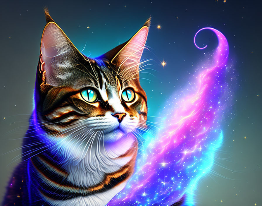 Colorful Digital Artwork: Cat with Blue Eyes and Cosmic Tail on Starry Background