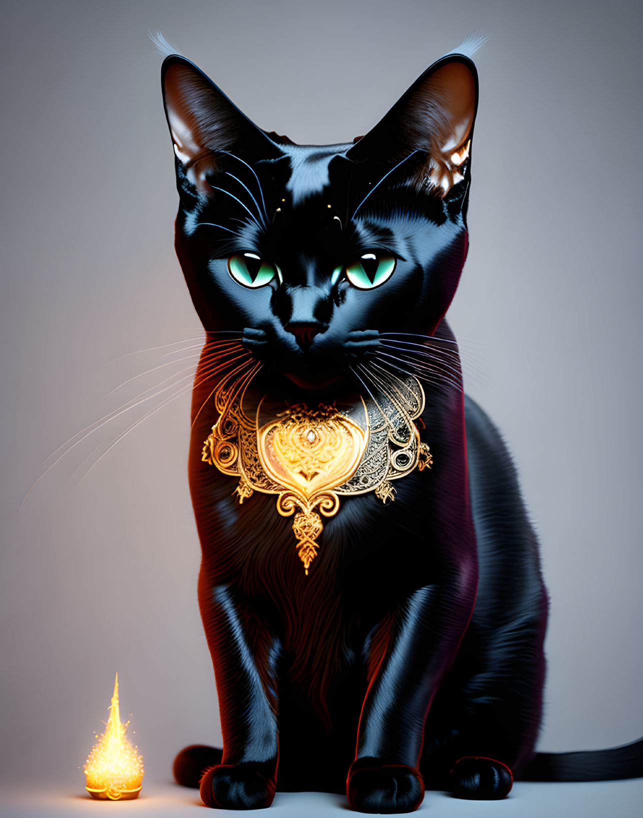 Black Cat with Green Eyes and Gold Jewelry Next to Small Flame