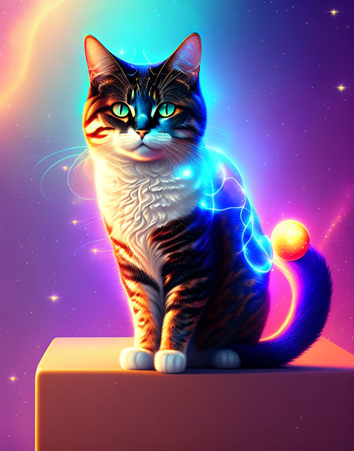 Tabby Cat Digital Art with Cosmic Elements