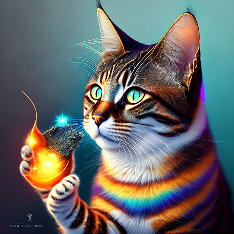 Vibrant rainbow tabby cat holding sparkling star artwork