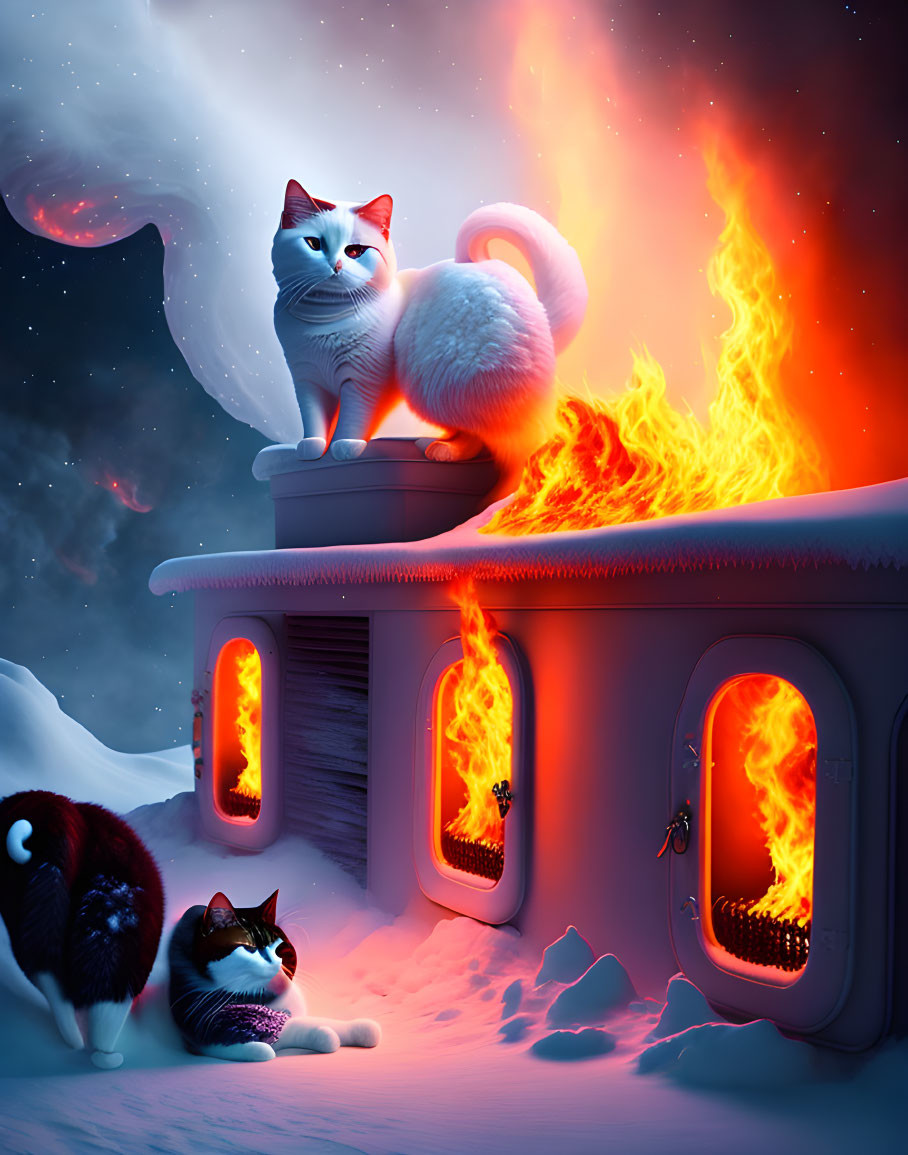 Fantastical cat-filled scene with fiery igloo and auroras