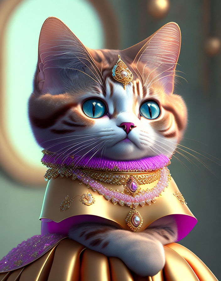 Regal cat with blue eyes in ornate attire