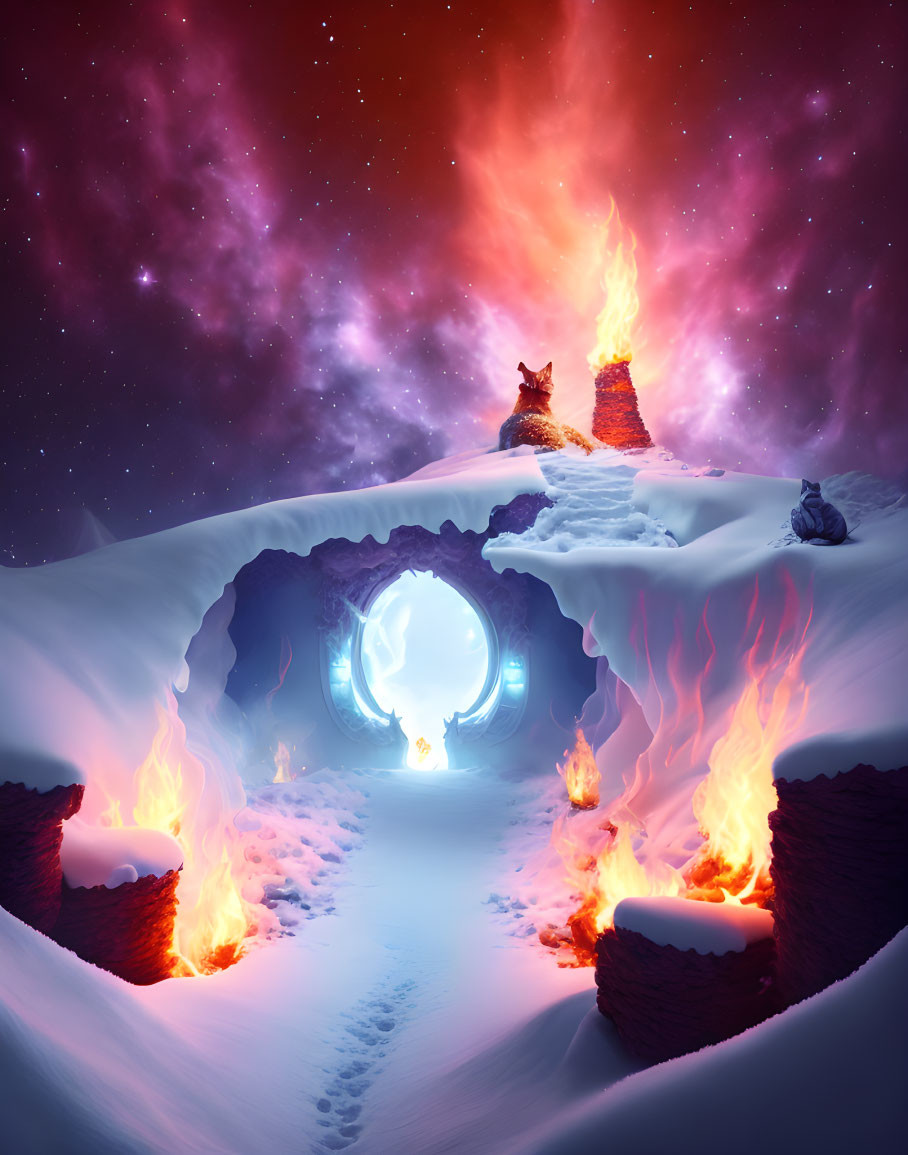 Snowy landscape with mystical portal, fiery fissures, starry purple sky, and gazing cat