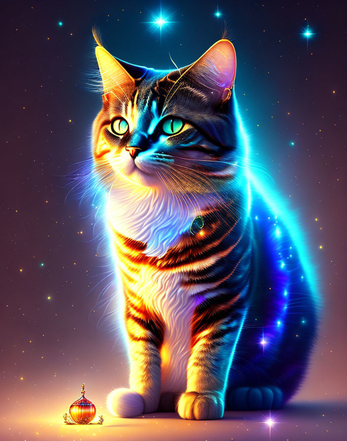 Colorful digital artwork: Cat with glowing blue eyes, intricate fur patterns, cosmic lights, lantern.