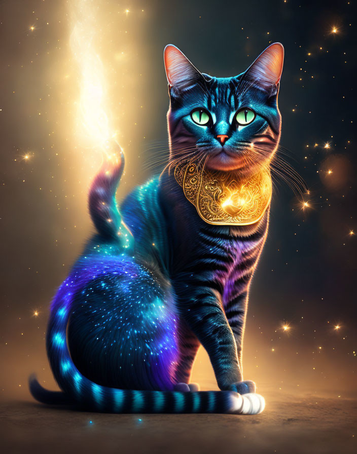 Mystical cat with glowing blue and orange coat, golden necklace, surrounded by stars and spiraling