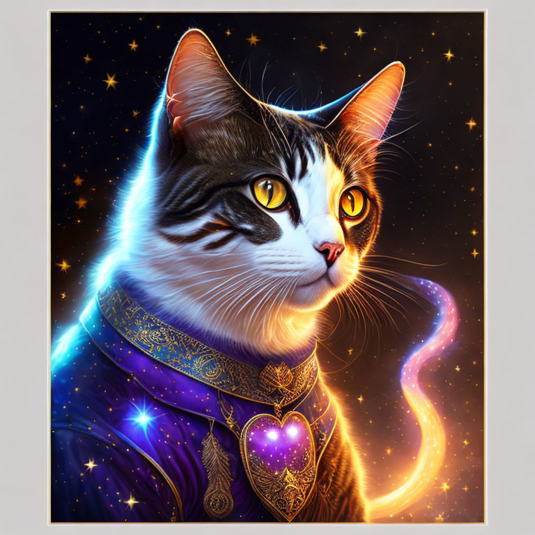 Cosmic-themed cat illustration with stars, blue cloak, and heart amulet