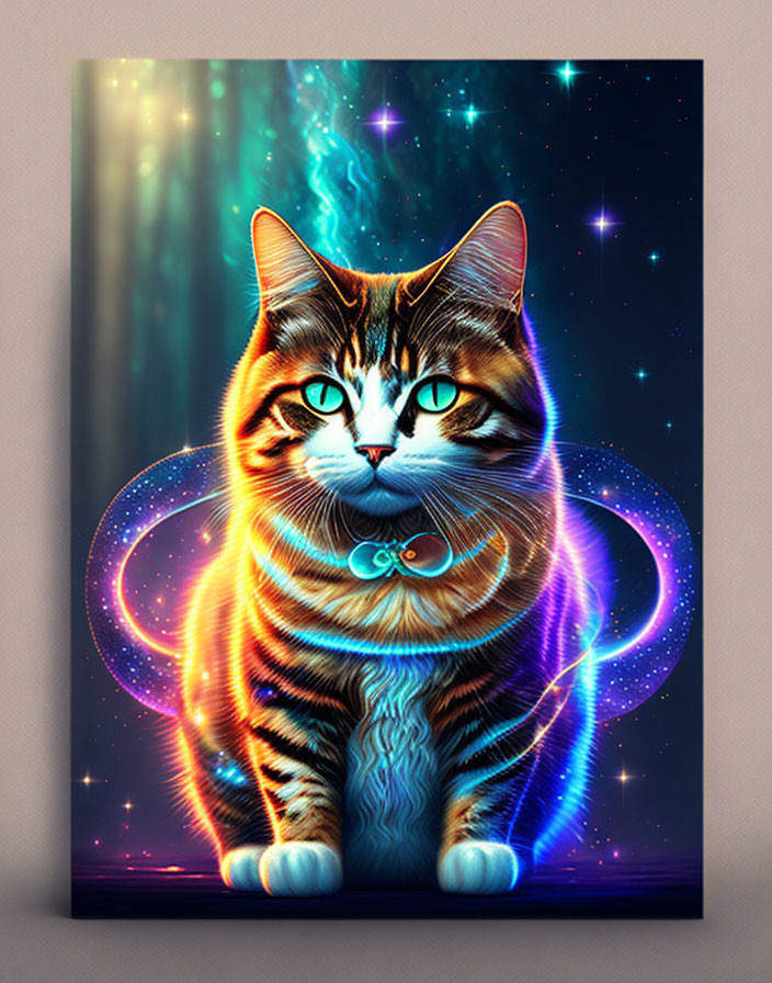 Colorful Cosmic Cat Artwork with Starry Galaxy Theme