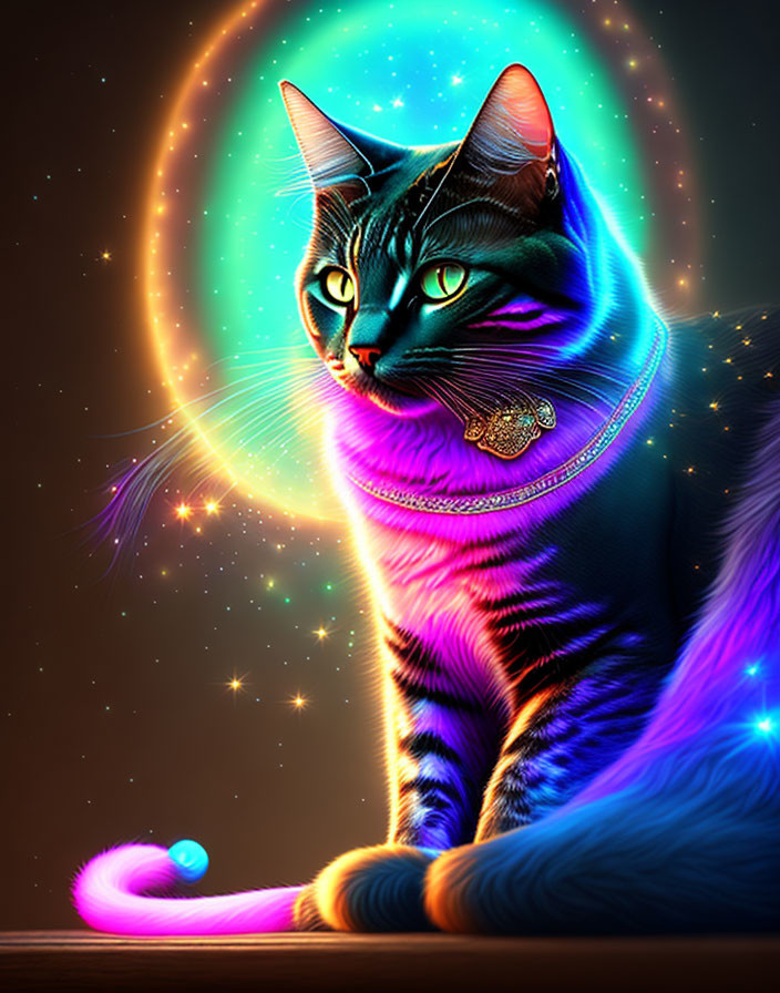 Vibrant cosmic cat with neon colors and halo ring