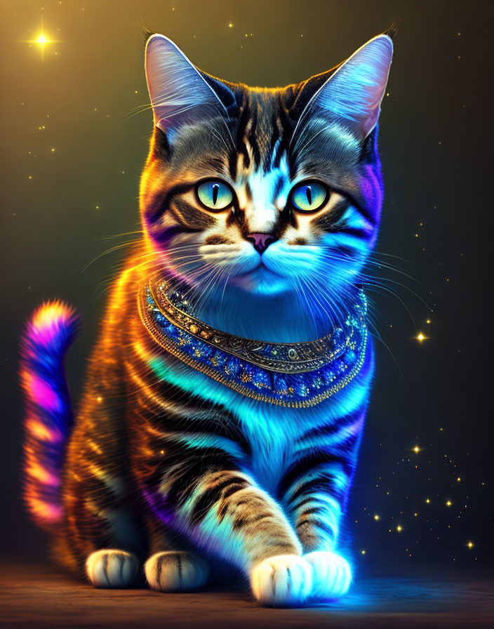 Striped cat with glowing blue eyes and jewels on dark, starry backdrop