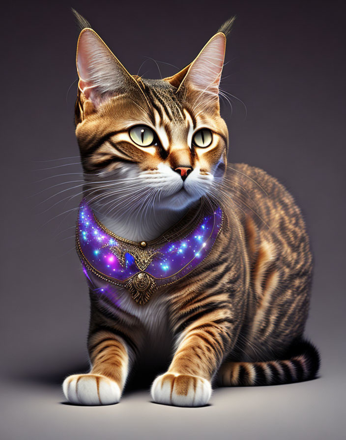 Digitally rendered tabby cat with cosmic collar against muted background