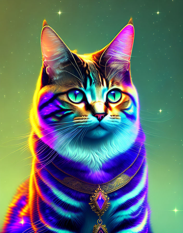 Colorful digital artwork: Cat with surreal colors and patterns on starry background