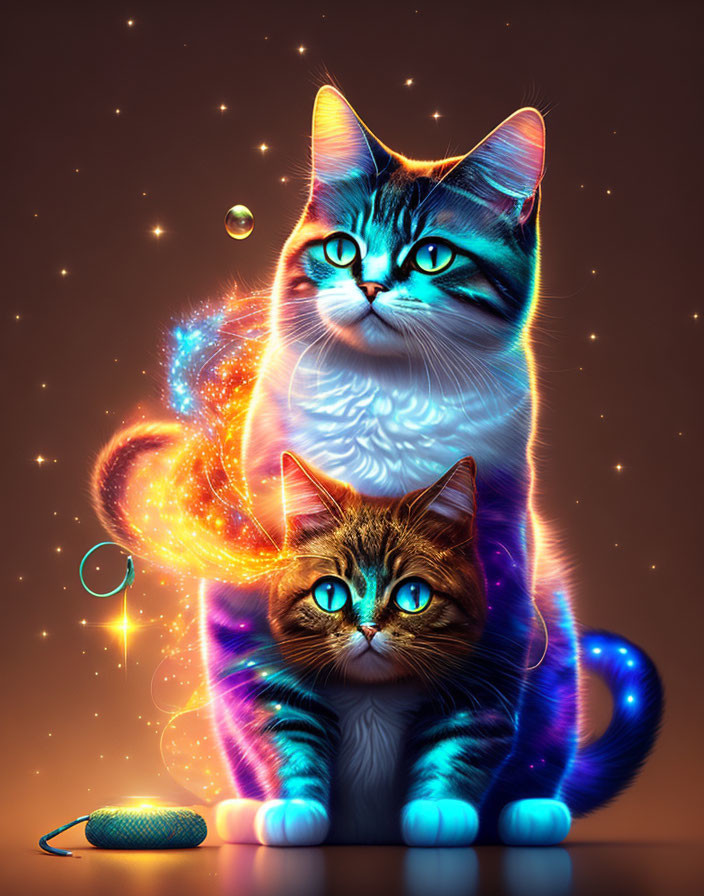 Vibrant neon-colored cats with cosmic patterns on dark background