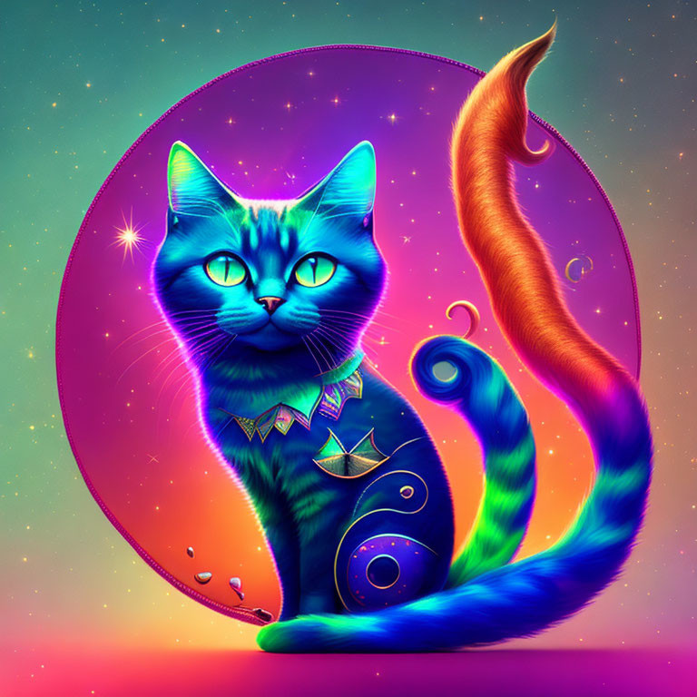 Colorful Blue Cat Illustration with Rainbow Tail and Cosmic Background