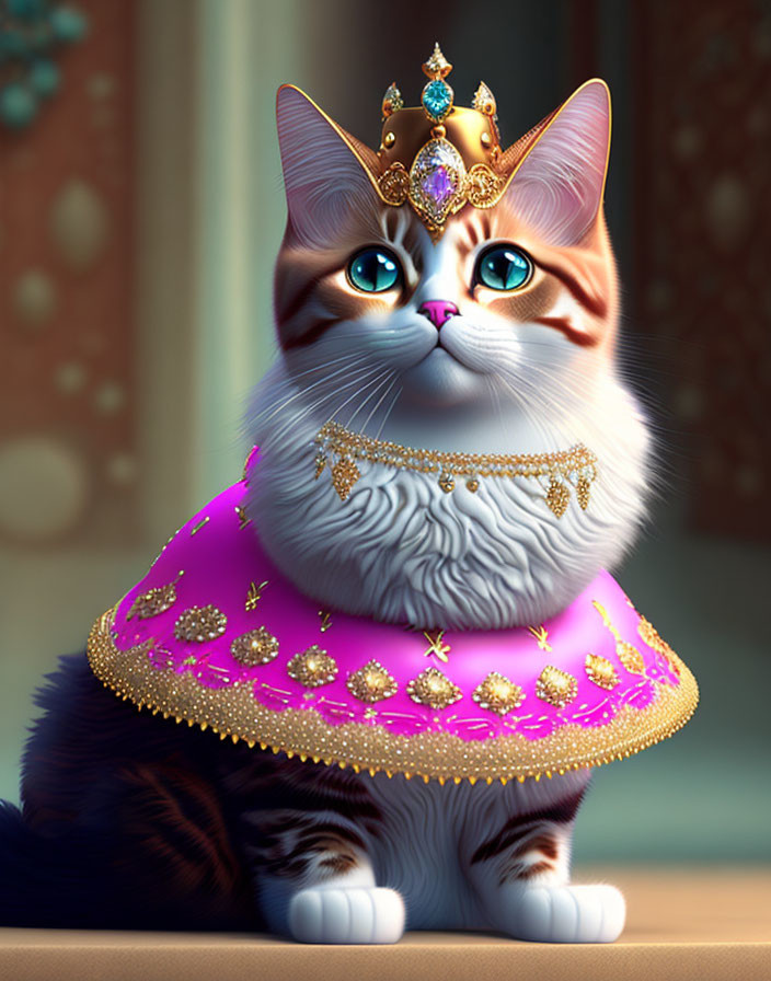 Regal Cat Wearing Golden Crown and Purple Robe