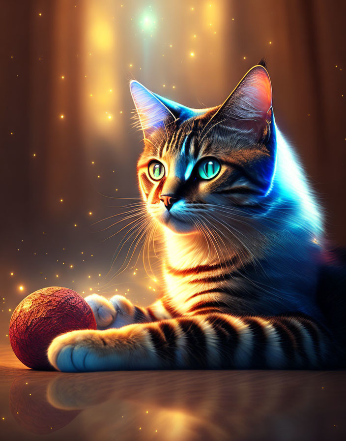 Tabby cat with emerald eyes in ethereal blue light with red ball and golden lights.