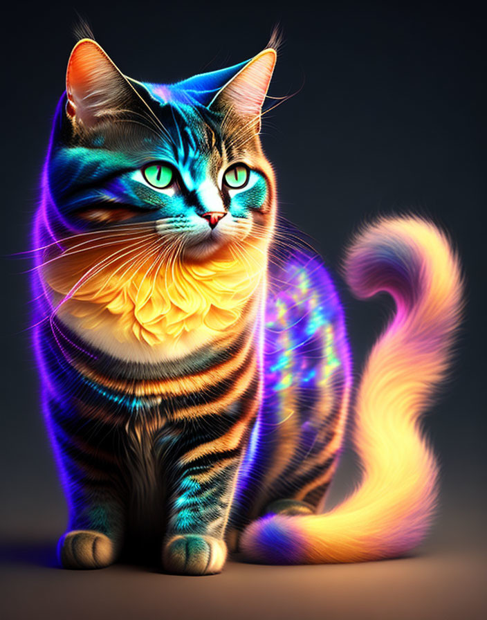 Vibrant neon stripes on cat with iridescent coat