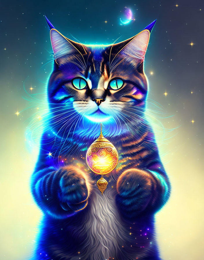 Vibrant mystical cat with blue eyes and glowing ornament in celestial setting.