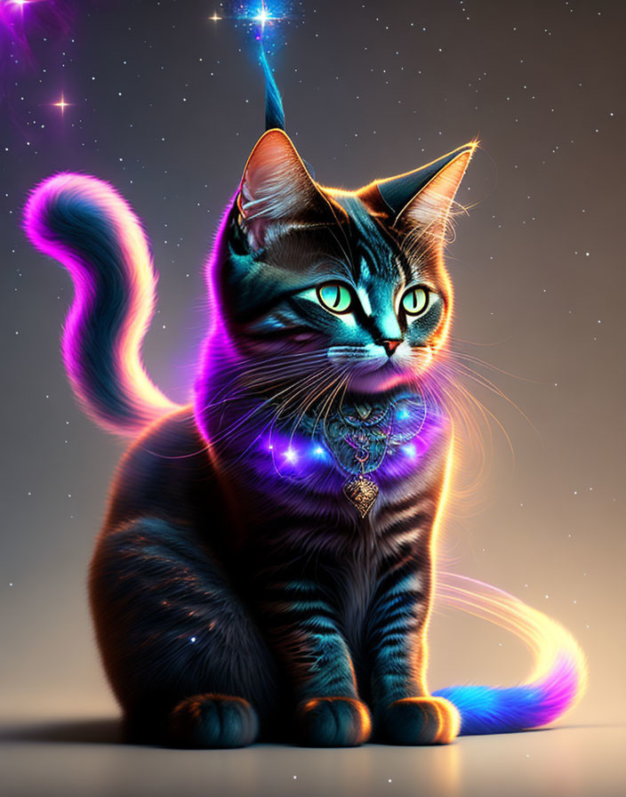 Glowing mystical cat with horn in starry setting