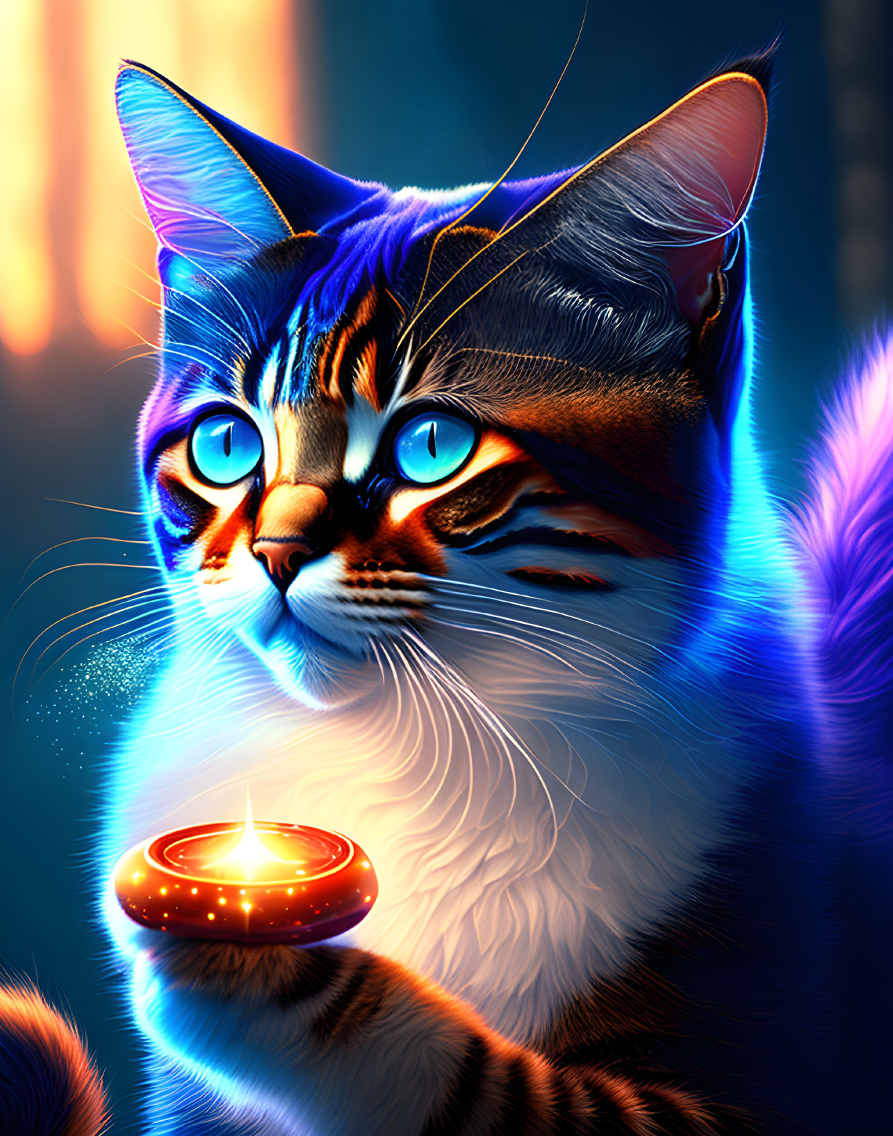 Digital Artwork: Blue-Eyed Tabby Cat with Glowing Red Amulet