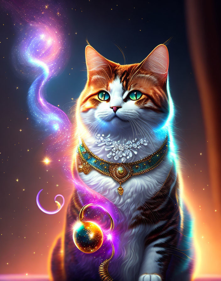 Digital Art: Majestic Cat with Golden Necklace in Cosmic Scene