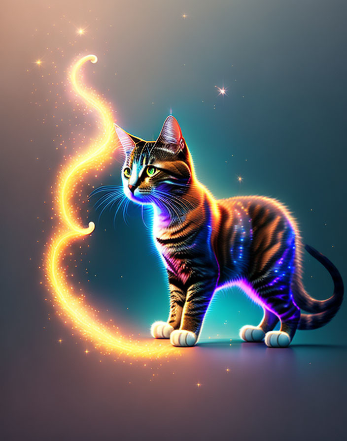 Vibrant digital art: cat with glowing light pattern on dark starry backdrop