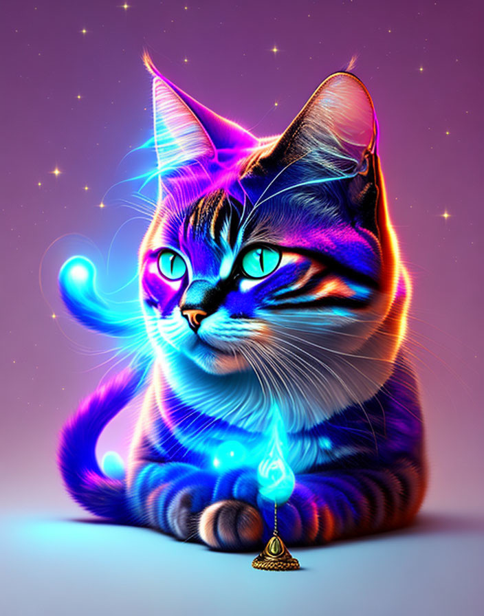 Neon-colored digital artwork: Cat with glowing eyes and mystical pendant on starry background