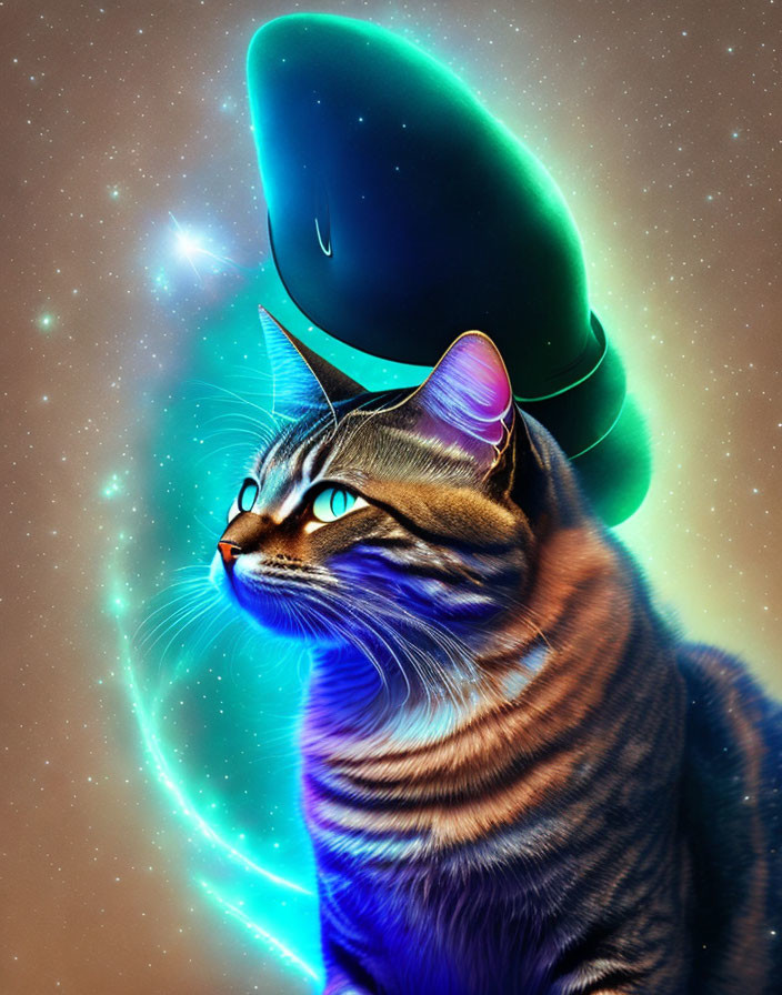 Cosmic-themed digital artwork of a cat with galaxy backdrop and surreal glowing whale.