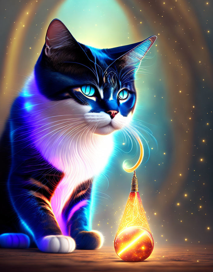 Mystical cat with blue eyes beside magical potion on starry backdrop