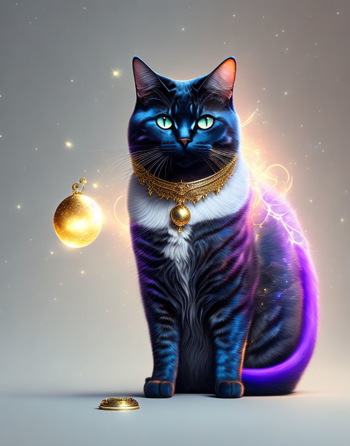 Digital illustration of majestic cat with cosmic fur pattern and gold accessories.