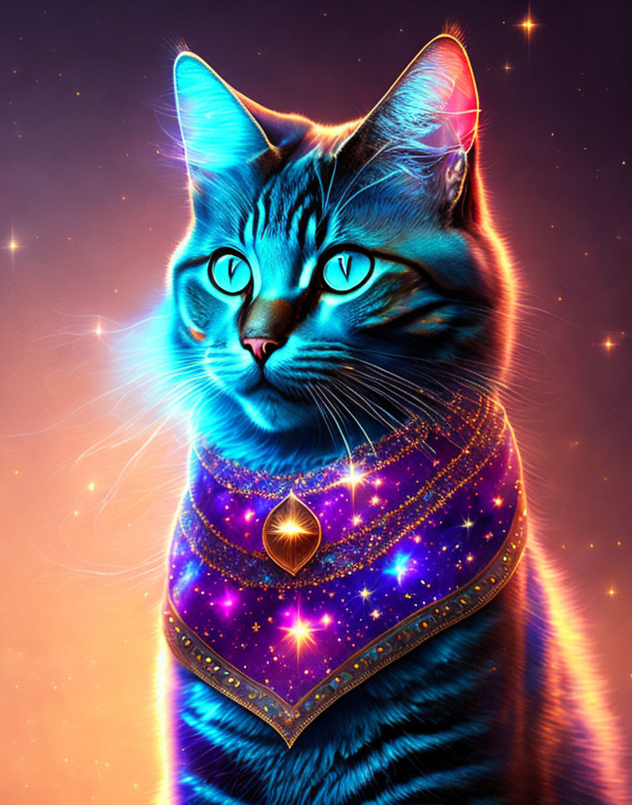 Colorful Cat Artwork with Cosmic Scarf & Celestial Background