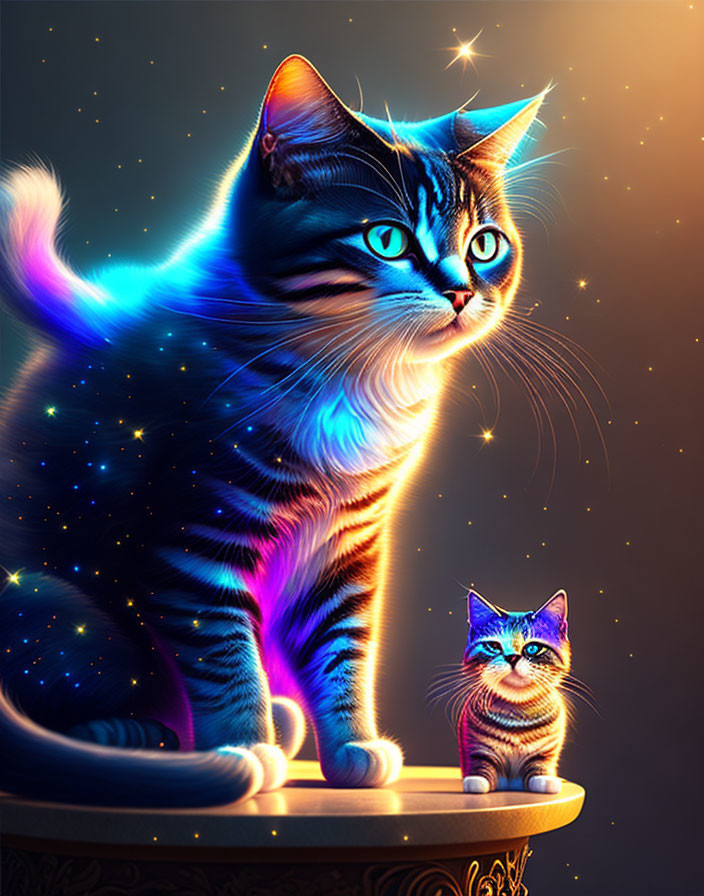 Stylized cats with cosmic fur pattern on glowing starry background