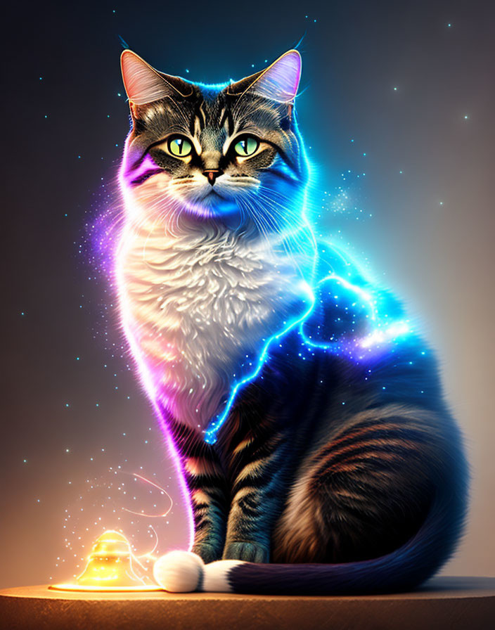 Digital artwork: Glowing cosmic cat with UFO and yarn